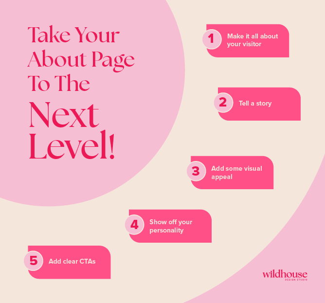 Graphic titled 'Take Your About Page To The Next Level!' with five tips: make it about your visitor, tell a story, add visual appeal, show off your personality, and add clear CTAs