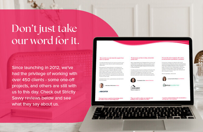 Laptop displaying client testimonials with the text, 'Don’t just take our word for it,' highlighting Wildhouse's experience with over 450 clients since 2012