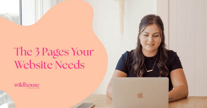 Web designer smiling while working on a laptop, next to a pink blob graphic with the text 'The 3 Pages Your Website Needs'