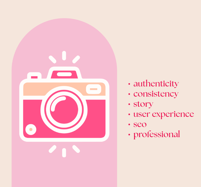 Illustration of a camera on a pink background with words highlighting the benefits of custom photography: authenticity, consistency, story, user experience, SEO, and professionalism