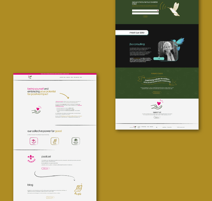 Website design for Humans at Work (HAW), featuring a welcoming layout with sections on coaching services, a podcast, and blog content aimed at promoting growth and positive impact