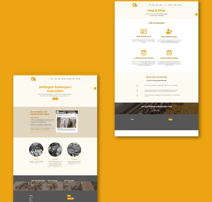 Mockup of Wellington Beekeepers Association website in warm yellow and brown, featuring membership info and beekeeping resources