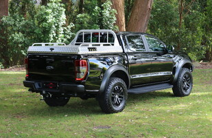 2019 Ford Ranger Raptor featuring a Rhino Evolution Bullbar fitted with Lightbar and Runva Premium Winch with Custom Built Dogbox & Storage (Foster Engineering)