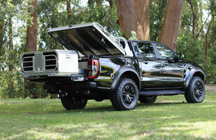 2019 Ford Ranger Raptor featuring a Rhino Evolution Bullbar fitted with Lightbar and Runva Premium Winch with Custom Built Dogbox & Storage (Foster Engineering)