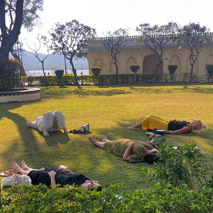 Rebekah and travel clients enjoying a Wellness Retreat in India