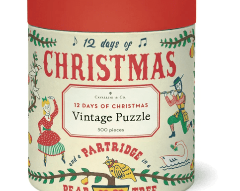 A joyful 500-piece vintage puzzle featuring illustrations from the classic “12 Days of Christmas” — a charming holiday gift or cosy family activity.