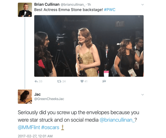 Cullinan, the PwC partner who handed Warren Beatty and Faye Dunaway the wrong envelope, tweeted this picture just three minutes before they walked on stage to present Best Picture.