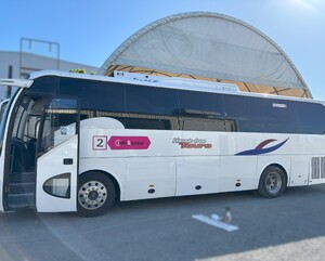 Bus graphics on side of Hussle Free tours bus