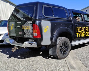 Full vehicle graphics on right side and back for Road Rubber Tyre Centre