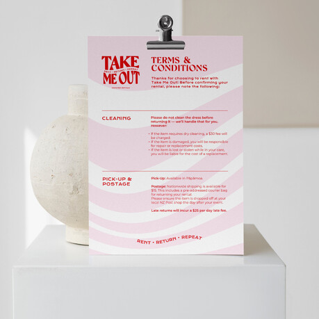 Terms and Conditions print design for Take Me Out dress rentals