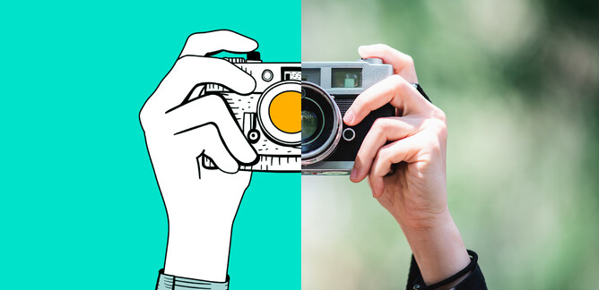 two hands holding up a camera. One side of the image is illustrated and the other side is a photo.
