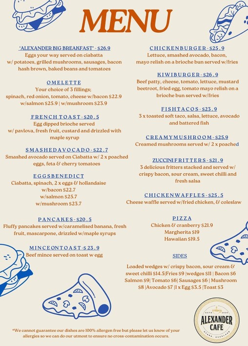 The Alexander Cafe Menu
