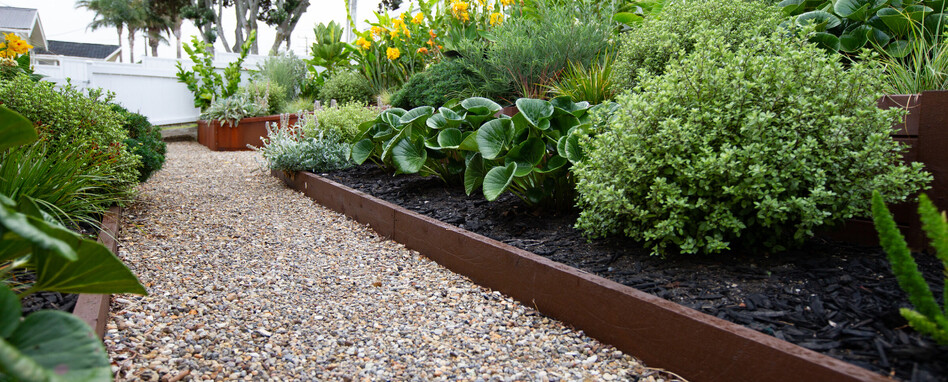 pebble pathway through front garden planting