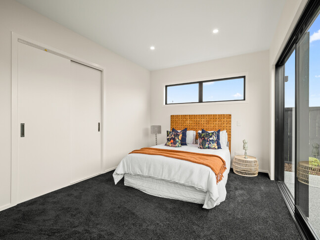 Guest bedroom image of Dundee Road townhouse development. MJW Homes. Dunedin, Otago. NZ.
