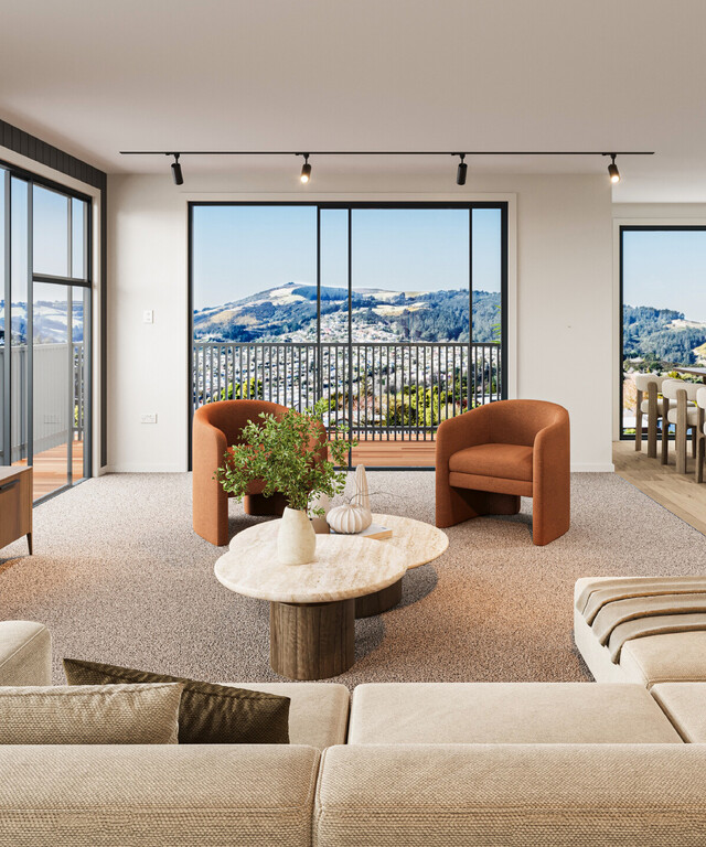 Lounge interior image of Highgate Ridge  townhouse in Maori Hill by MJW Homes. Dunedin, Otago NZ