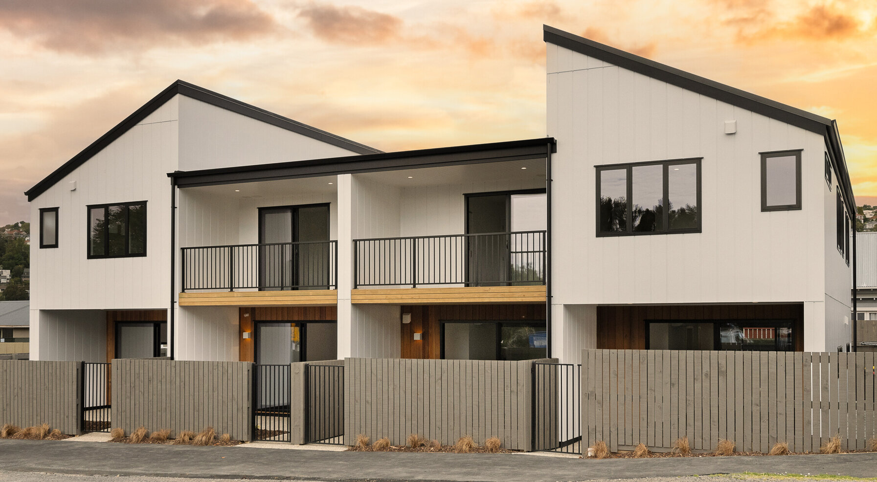 Full front exterior image of South Station townhouse development. MJW Homes. Dunedin, Otago. NZ.