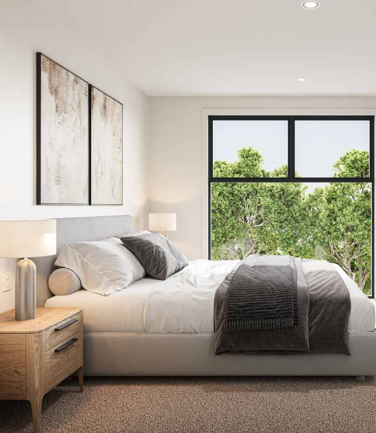 Image of warm contemporary bedroom at Hightridge Gate townhouse collection at Maori Hill by MJW Homes. Dunedin, Otago.
