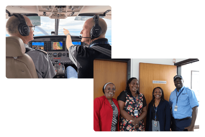 Top: Norm Baker in the MAF cockpit with pilot Mathias Glass. Photo Credit: Mandy Glass / Bottom: Susan Kigen-Kolum with missionaries who moved from Kenya to serve with MAF in Uganda. Photo Credit: Hilim Gitonga.