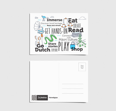 Postcard showing various colourful illustrations