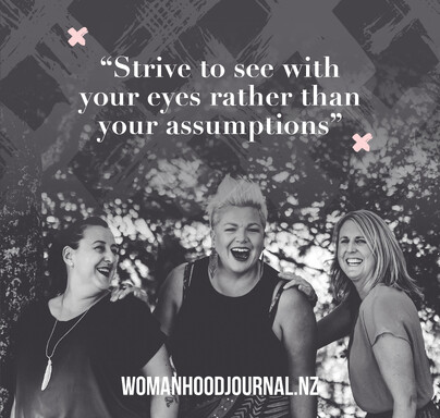 Photograph of three Womanhood Journal creators with a quote above