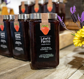 Lewis Farms 2kg whole strawberry jam jars and labels