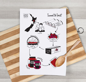 Lewis Farms tea towel with from tunnel to toast illustration