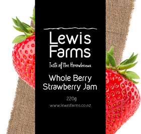Lewis Farms strawberry jam graphic showing hessian cloth and strawberries