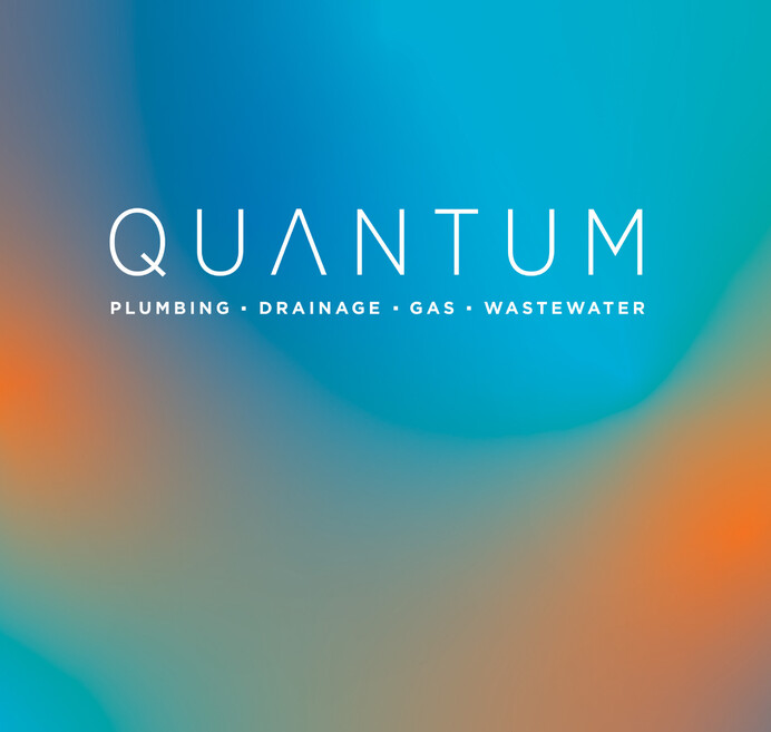 Quantum logo with tagline on blue and orange background