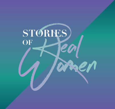 Purple and teal graphic with 'stories of real women' written