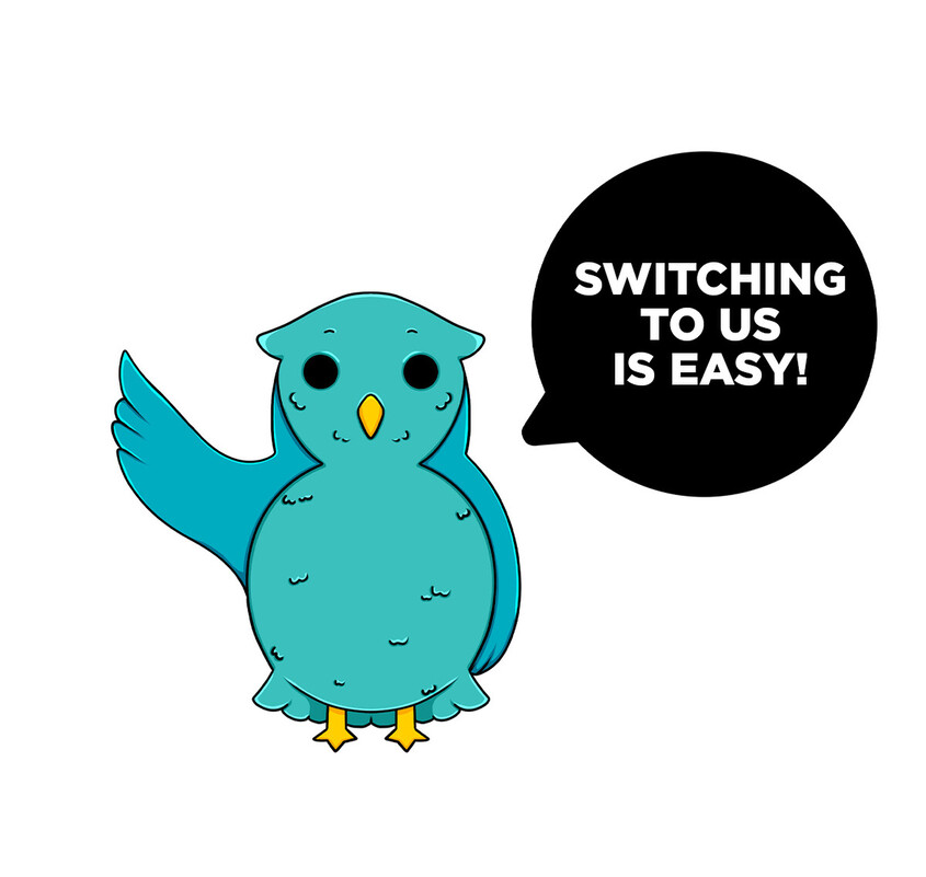 Owl character with black speech bubble 'switching to us is easy'