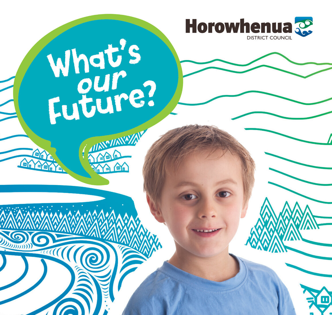 Young boy with speech bubble asking what's our future?