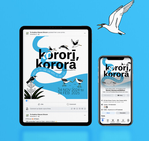 Mock up of social media graphics on ipad and iphone for Kororī Kororā exhibition