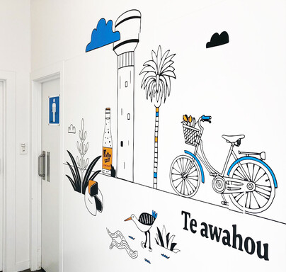Illustrations in a corridor of the dutch oven cafe