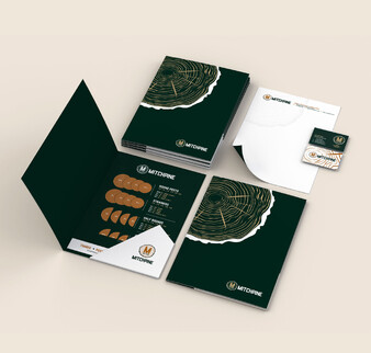 Mitchpine stationery collection, presentation folder, business cards, product information and letterhead