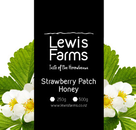 Lewis Farms strawberry honey graphic showing strawberry flowers