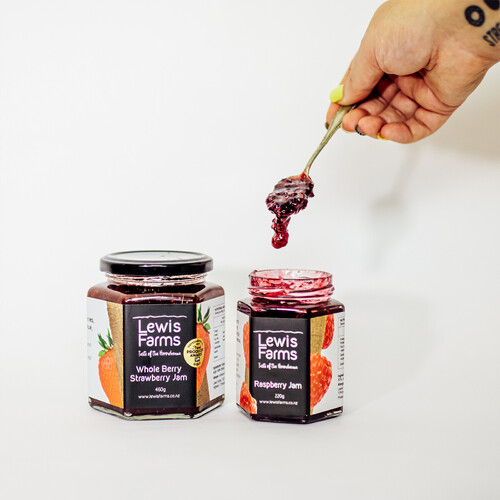 Two jars of Lewis Farms jam