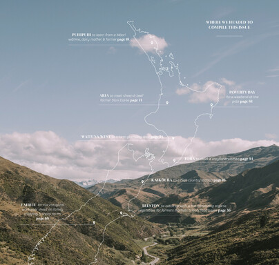 Shepherdess contents page infographic - map of new zealand overlaid on an image