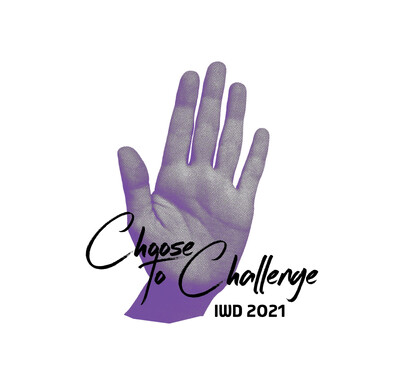 purple hand with the 'choose to challenge' 2021 theme written across