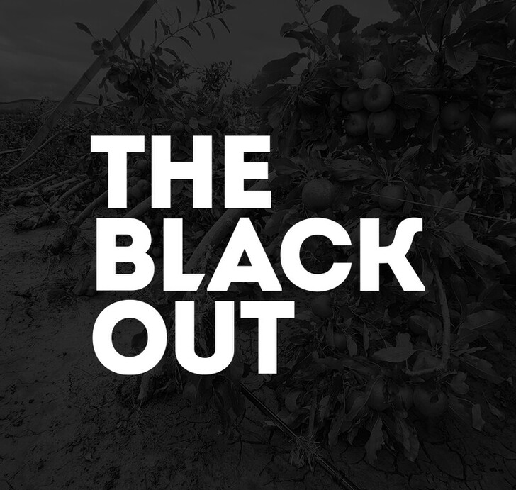 The Black Out overlaid on an image of a damaged Orchard in the Hawkes Bay