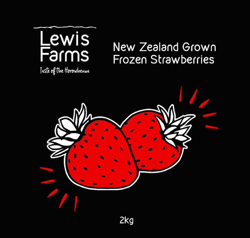 Front packaging design for Lewis Farms frozen strawberries