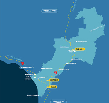 Map showing the outline of the Rangitīkei district
