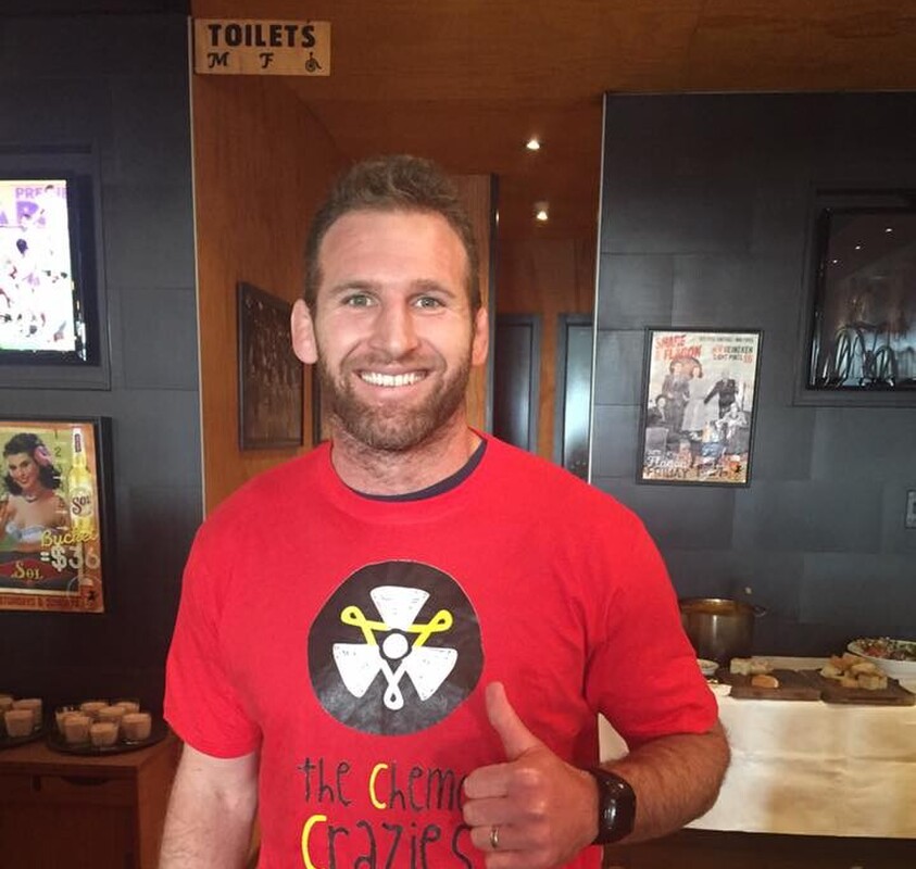 Kieran Reid supporting the Chemo Crazies charity by wearing a branded t-shirt