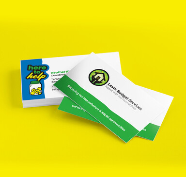 Levin Budget Service business cards on a yellow background