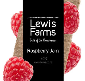 Lewis Farms raspberry jam graphic showing hessian cloth and raspberries