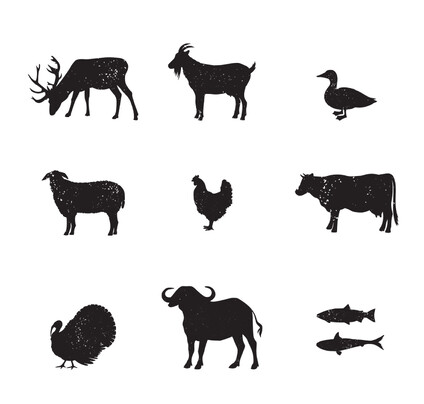 Rogue Raw icons including deer, goat, duck, sheep, cow, chicken, turkey, buffalo and fish