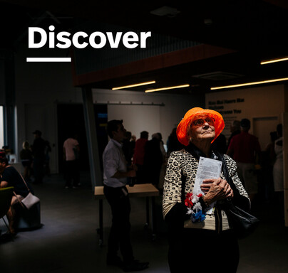 Graphic for social media 'discover' with woman in an orange hat