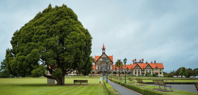 Historic building in Rotorua showcasing traditional New Zealand architecture