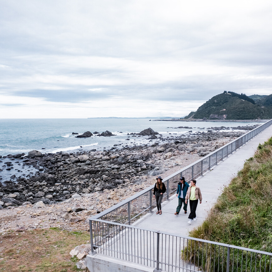 Coastal walking track in Kaikōura with wide paths beside the ocean