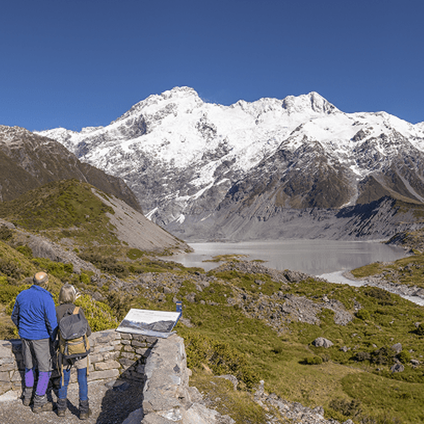 Couple looking at the snow-covered Southern Alps