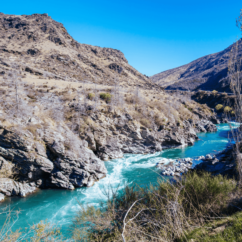 The Roaring Meg river with rapids and rocks